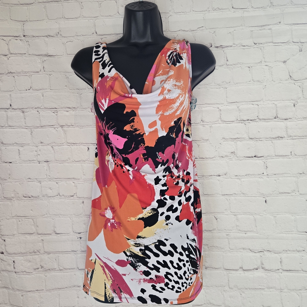 AB Studio Cowl Neck Razor Back Tunic Pink Orange Retro Floral Fairy Y2k Sz M